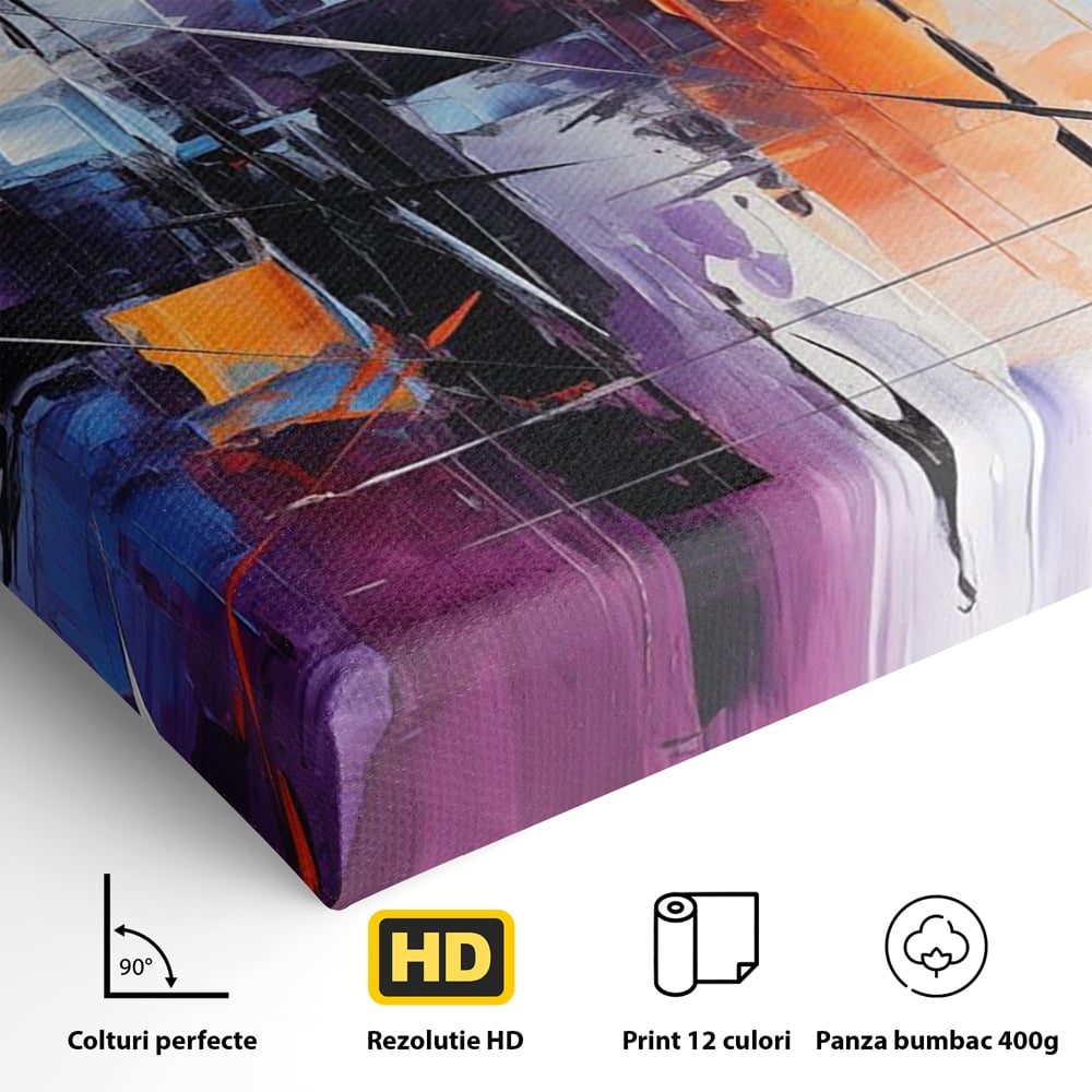 Tablou Canvas Premium, LuxCanva® C1312, Rasarit Artificial, Culori, Abstract, Dinamism, Modern, Portocaliu, Violet, Albastru, Linii, Traseu, Haos, Futurist, Miscare, Birou, Living, Dormitor
