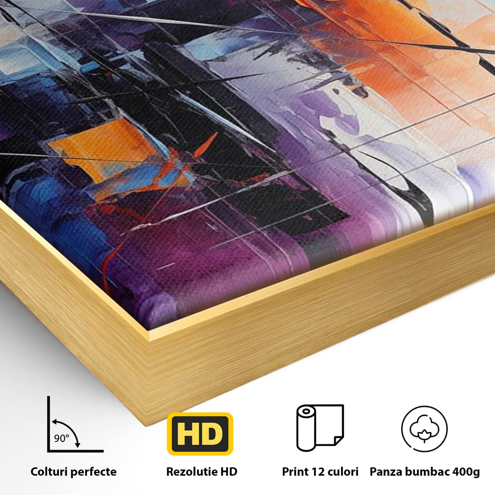 Tablou Canvas Premium, LuxCanva® C1312, Rasarit Artificial, Culori, Abstract, Dinamism, Modern, Portocaliu, Violet, Albastru, Linii, Traseu, Haos, Futurist, Miscare, Birou, Living, Dormitor
