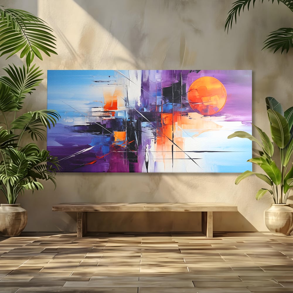 Tablou Canvas Premium, LuxCanva® C1312, Rasarit Artificial, Culori, Abstract, Dinamism, Modern, Portocaliu, Violet, Albastru, Linii, Traseu, Haos, Futurist, Miscare, Birou, Living, Dormitor