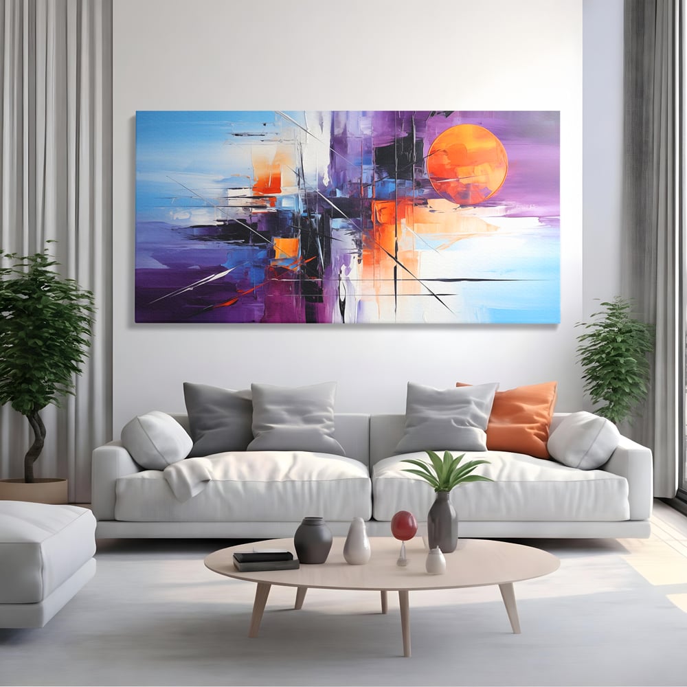 Tablou Canvas Premium, LuxCanva® C1312, Rasarit Artificial, Culori, Abstract, Dinamism, Modern, Portocaliu, Violet, Albastru, Linii, Traseu, Haos, Futurist, Miscare, Birou, Living, Dormitor
