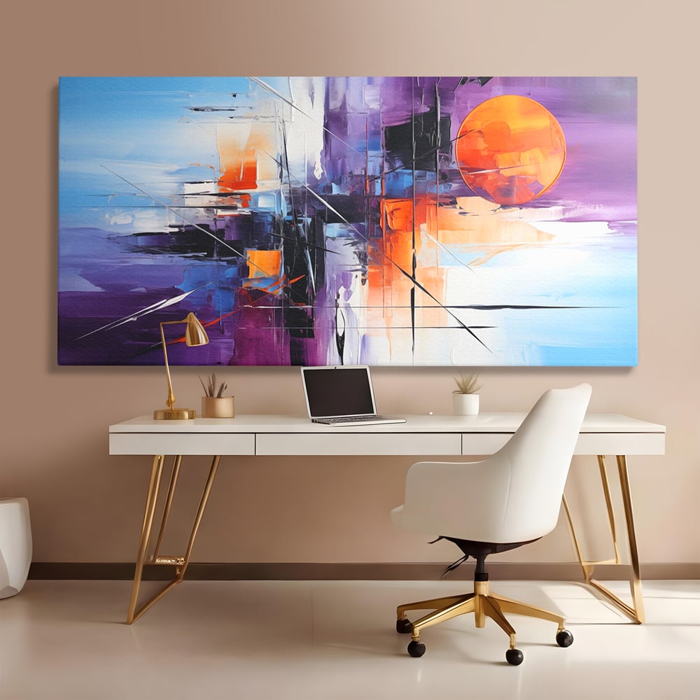 Tablou Canvas Premium, LuxCanva® C1312, Rasarit Artificial, Culori, Abstract, Dinamism, Modern, Portocaliu, Violet, Albastru, Linii, Traseu, Haos, Futurist, Miscare, Birou, Living, Dormitor