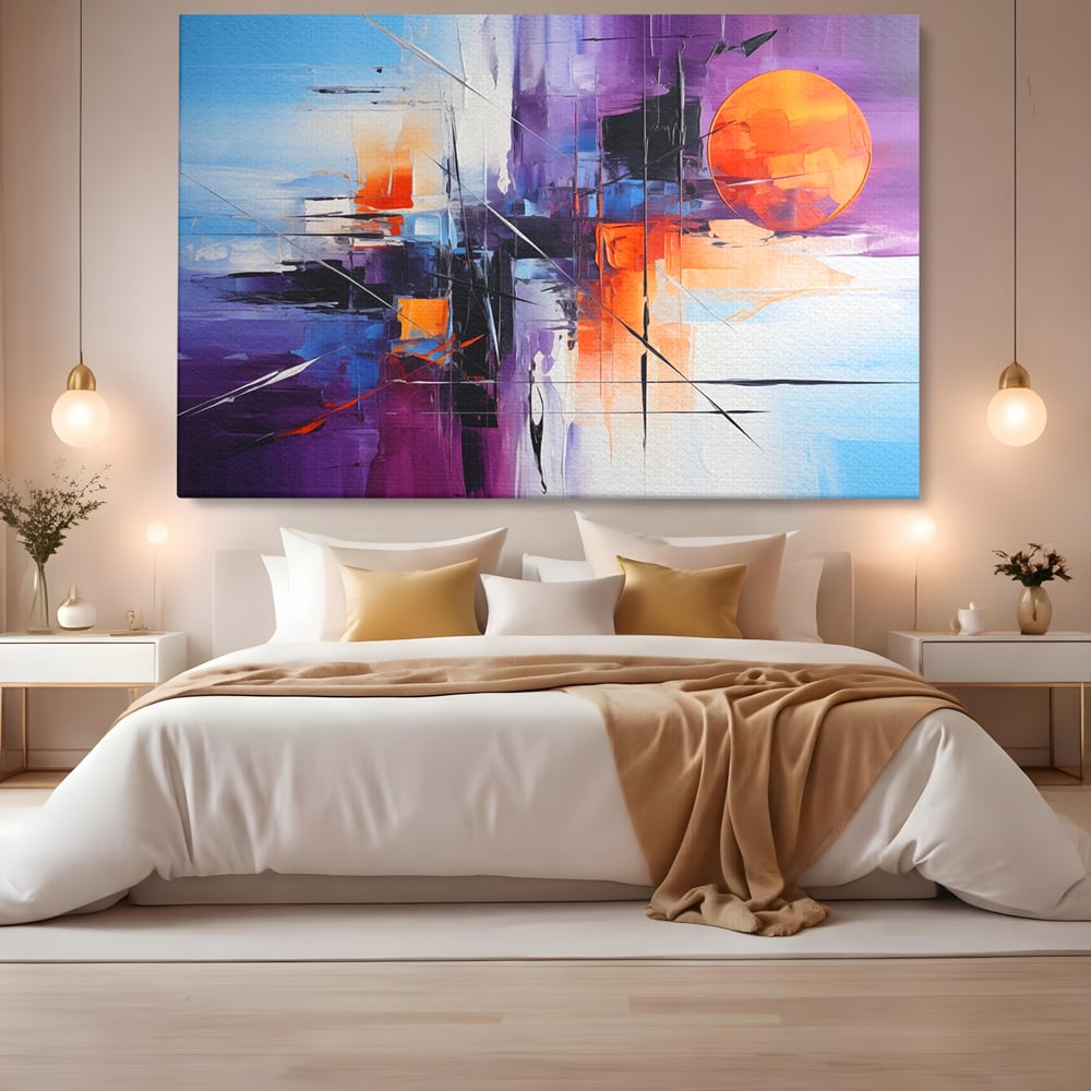Tablou Canvas Premium, LuxCanva® C1312, Rasarit Artificial, Culori, Abstract, Dinamism, Modern, Portocaliu, Violet, Albastru, Linii, Traseu, Haos, Futurist, Miscare, Birou, Living, Dormitor