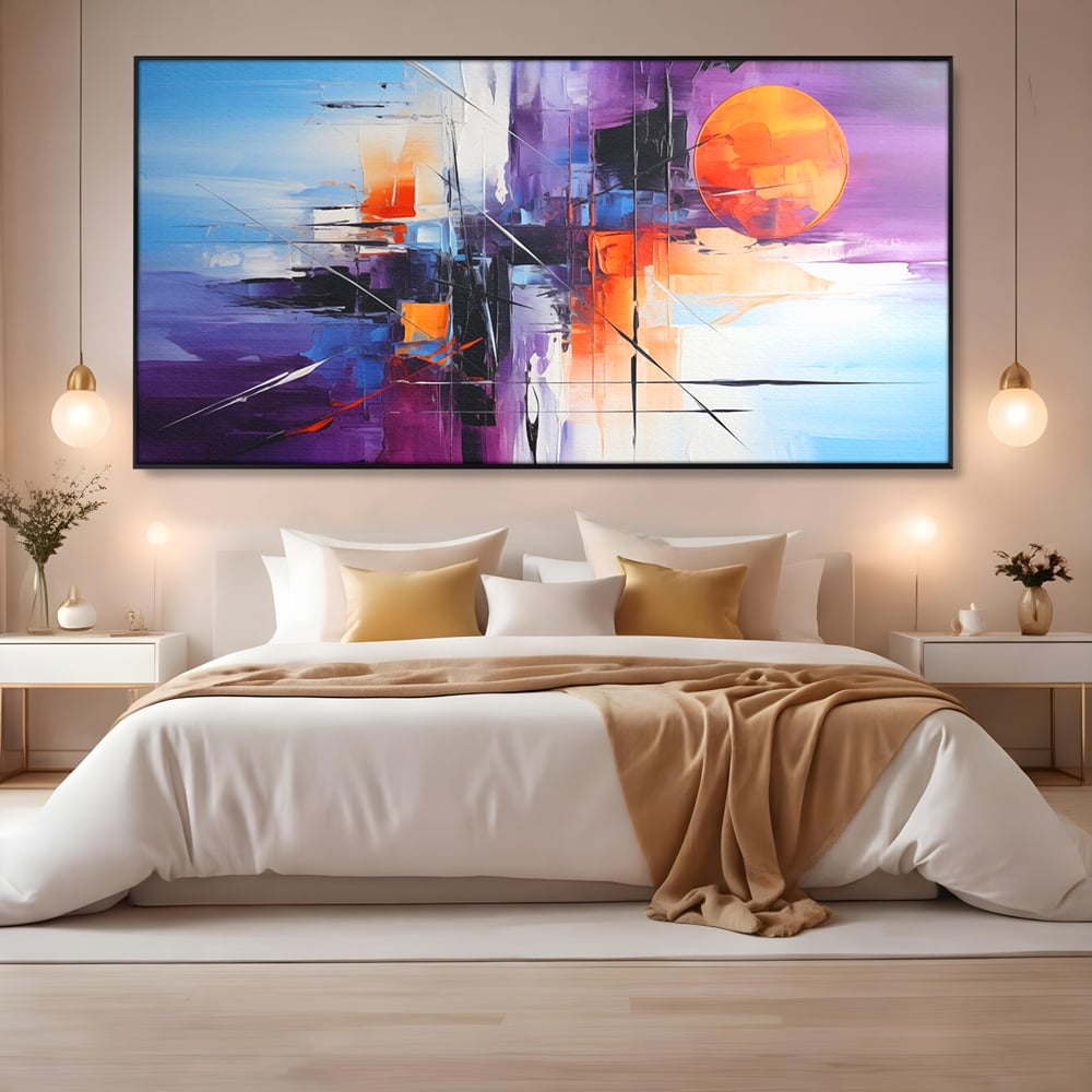 Tablou Canvas Premium, LuxCanva® C1312, Rasarit Artificial, Culori, Abstract, Dinamism, Modern, Portocaliu, Violet, Albastru, Linii, Traseu, Haos, Futurist, Miscare, Birou, Living, Dormitor