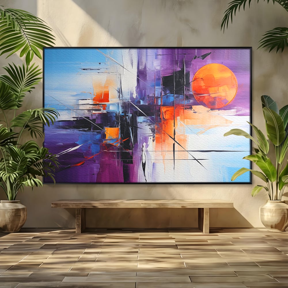 Tablou Canvas Premium, LuxCanva® C1312, Rasarit Artificial, Culori, Abstract, Dinamism, Modern, Portocaliu, Violet, Albastru, Linii, Traseu, Haos, Futurist, Miscare, Birou, Living, Dormitor
