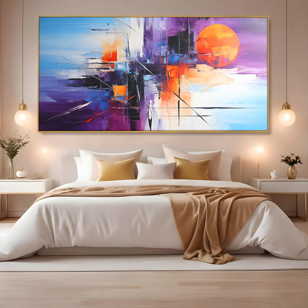 Tablou Canvas Premium, LuxCanva® C1312, Rasarit Artificial, Culori, Abstract, Dinamism, Modern, Portocaliu, Violet, Albastru, Linii, Traseu, Haos, Futurist, Miscare, Birou, Living, Dormitor