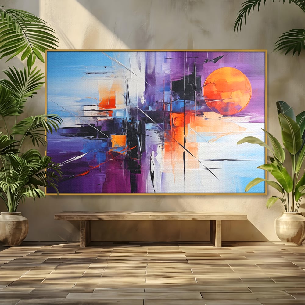 Tablou Canvas Premium, LuxCanva® C1312, Rasarit Artificial, Culori, Abstract, Dinamism, Modern, Portocaliu, Violet, Albastru, Linii, Traseu, Haos, Futurist, Miscare, Birou, Living, Dormitor