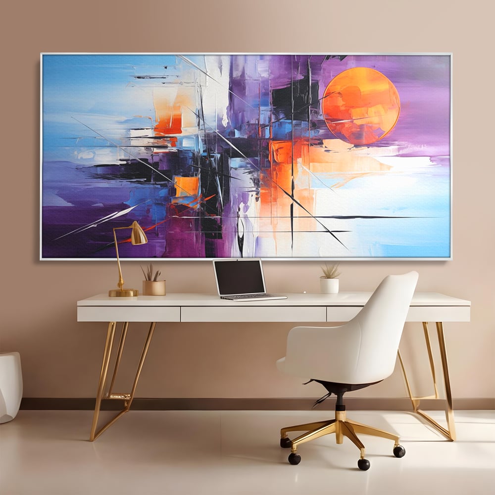 Tablou Canvas Premium, LuxCanva® C1312, Rasarit Artificial, Culori, Abstract, Dinamism, Modern, Portocaliu, Violet, Albastru, Linii, Traseu, Haos, Futurist, Miscare, Birou, Living, Dormitor