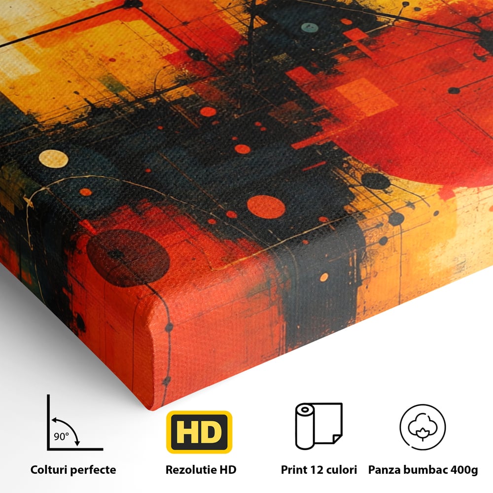 Tablou Canvas Premium, LuxCanva® C1313, Reteaua Focului, Culori, Abstract, Dinamism, Modern, Portocaliu, Rosu, Negru, Conectare, Retea, Structura, Arhitectural, Tehnologic, Birou, Living, Dormitor