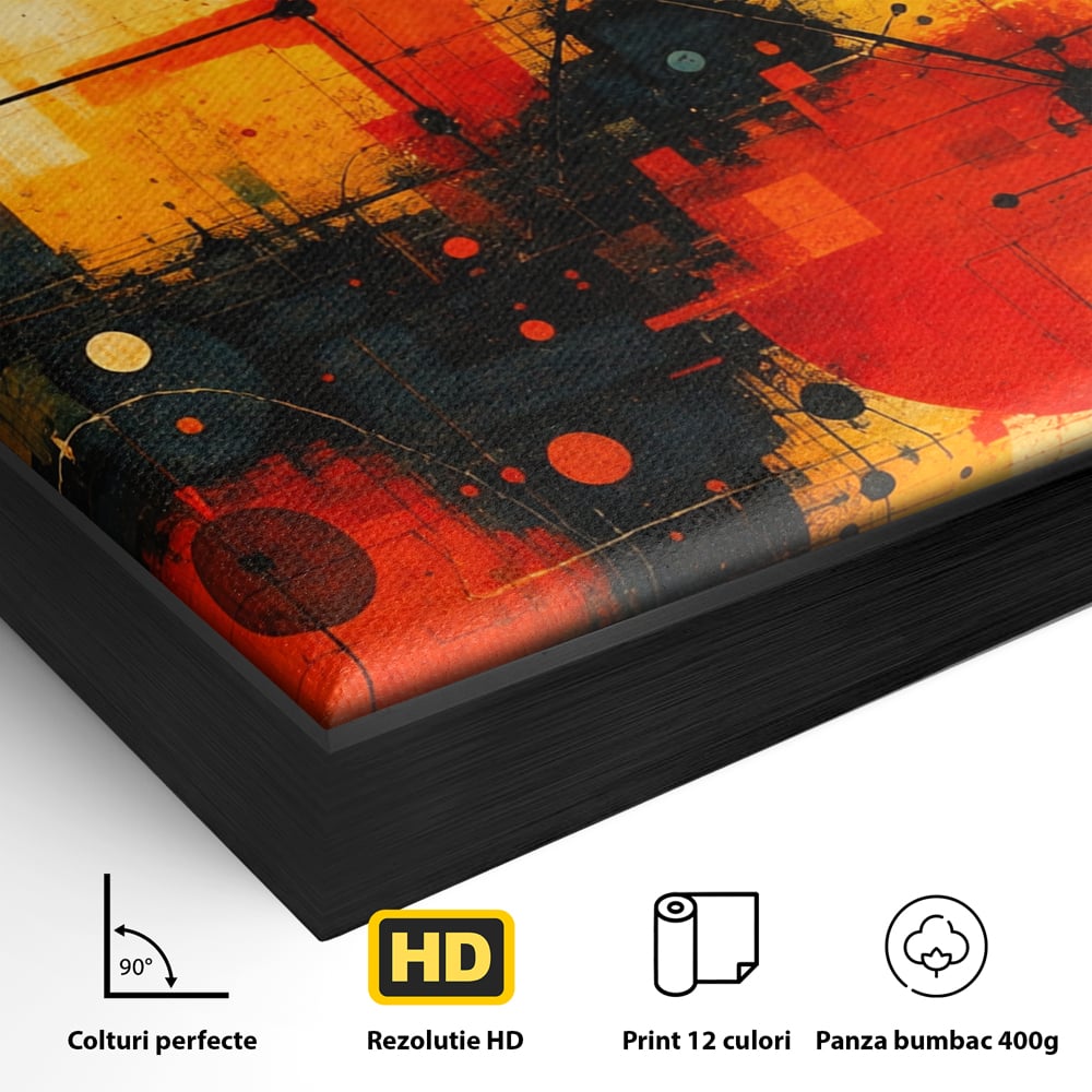 Tablou Canvas Premium, LuxCanva® C1313, Reteaua Focului, Culori, Abstract, Dinamism, Modern, Portocaliu, Rosu, Negru, Conectare, Retea, Structura, Arhitectural, Tehnologic, Birou, Living, Dormitor