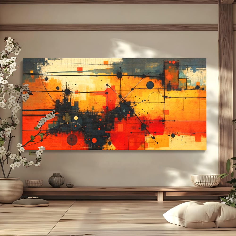 Tablou Canvas Premium, LuxCanva® C1313, Reteaua Focului, Culori, Abstract, Dinamism, Modern, Portocaliu, Rosu, Negru, Conectare, Retea, Structura, Arhitectural, Tehnologic, Birou, Living, Dormitor