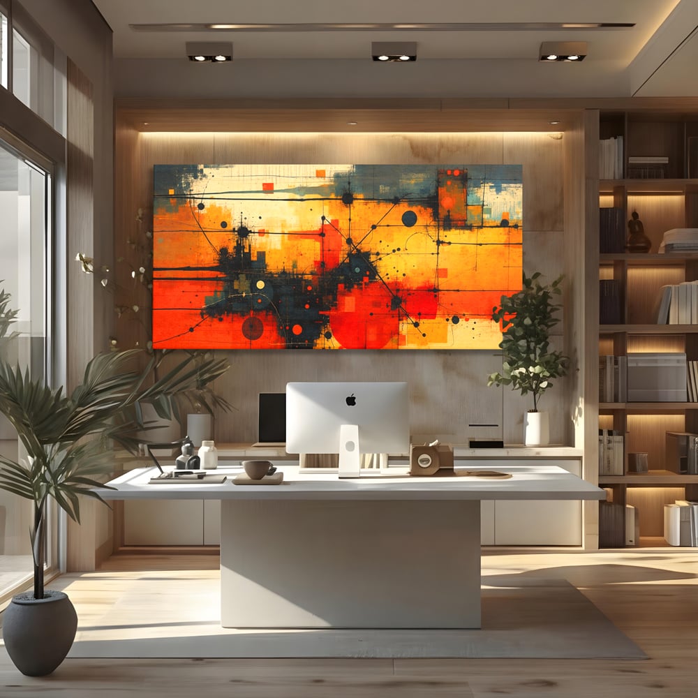Tablou Canvas Premium, LuxCanva® C1313, Reteaua Focului, Culori, Abstract, Dinamism, Modern, Portocaliu, Rosu, Negru, Conectare, Retea, Structura, Arhitectural, Tehnologic, Birou, Living, Dormitor