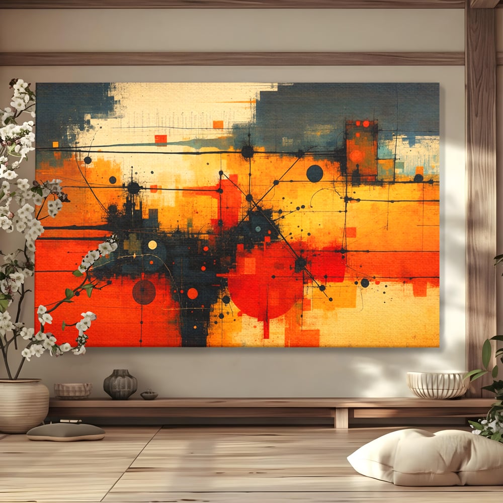 Tablou Canvas Premium, LuxCanva® C1313, Reteaua Focului, Culori, Abstract, Dinamism, Modern, Portocaliu, Rosu, Negru, Conectare, Retea, Structura, Arhitectural, Tehnologic, Birou, Living, Dormitor