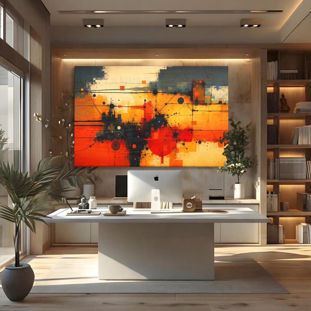 Tablou Canvas Premium, LuxCanva® C1313, Reteaua Focului, Culori, Abstract, Dinamism, Modern, Portocaliu, Rosu, Negru, Conectare, Retea, Structura, Arhitectural, Tehnologic, Birou, Living, Dormitor