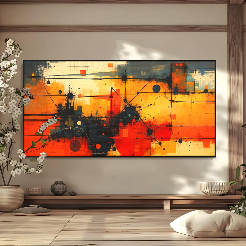 Tablou Canvas Premium, LuxCanva® C1313, Reteaua Focului, Culori, Abstract, Dinamism, Modern, Portocaliu, Rosu, Negru, Conectare, Retea, Structura, Arhitectural, Tehnologic, Birou, Living, Dormitor