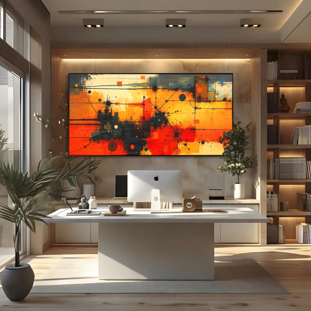 Tablou Canvas Premium, LuxCanva® C1313, Reteaua Focului, Culori, Abstract, Dinamism, Modern, Portocaliu, Rosu, Negru, Conectare, Retea, Structura, Arhitectural, Tehnologic, Birou, Living, Dormitor