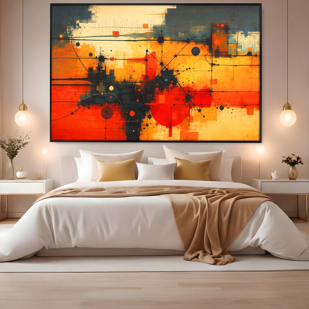 Tablou Canvas Premium, LuxCanva® C1313, Reteaua Focului, Culori, Abstract, Dinamism, Modern, Portocaliu, Rosu, Negru, Conectare, Retea, Structura, Arhitectural, Tehnologic, Birou, Living, Dormitor