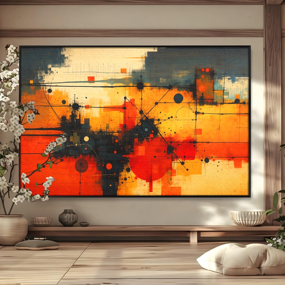 Tablou Canvas Premium, LuxCanva® C1313, Reteaua Focului, Culori, Abstract, Dinamism, Modern, Portocaliu, Rosu, Negru, Conectare, Retea, Structura, Arhitectural, Tehnologic, Birou, Living, Dormitor