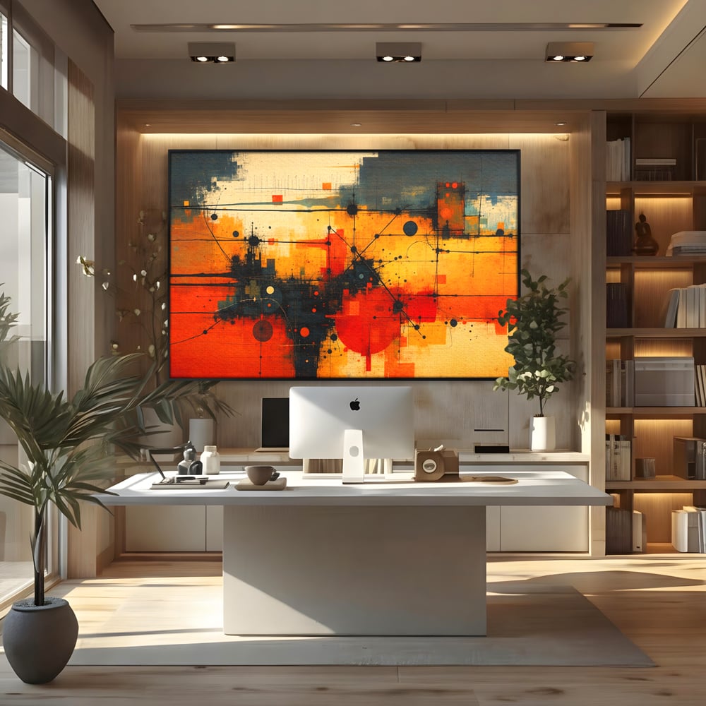 Tablou Canvas Premium, LuxCanva® C1313, Reteaua Focului, Culori, Abstract, Dinamism, Modern, Portocaliu, Rosu, Negru, Conectare, Retea, Structura, Arhitectural, Tehnologic, Birou, Living, Dormitor