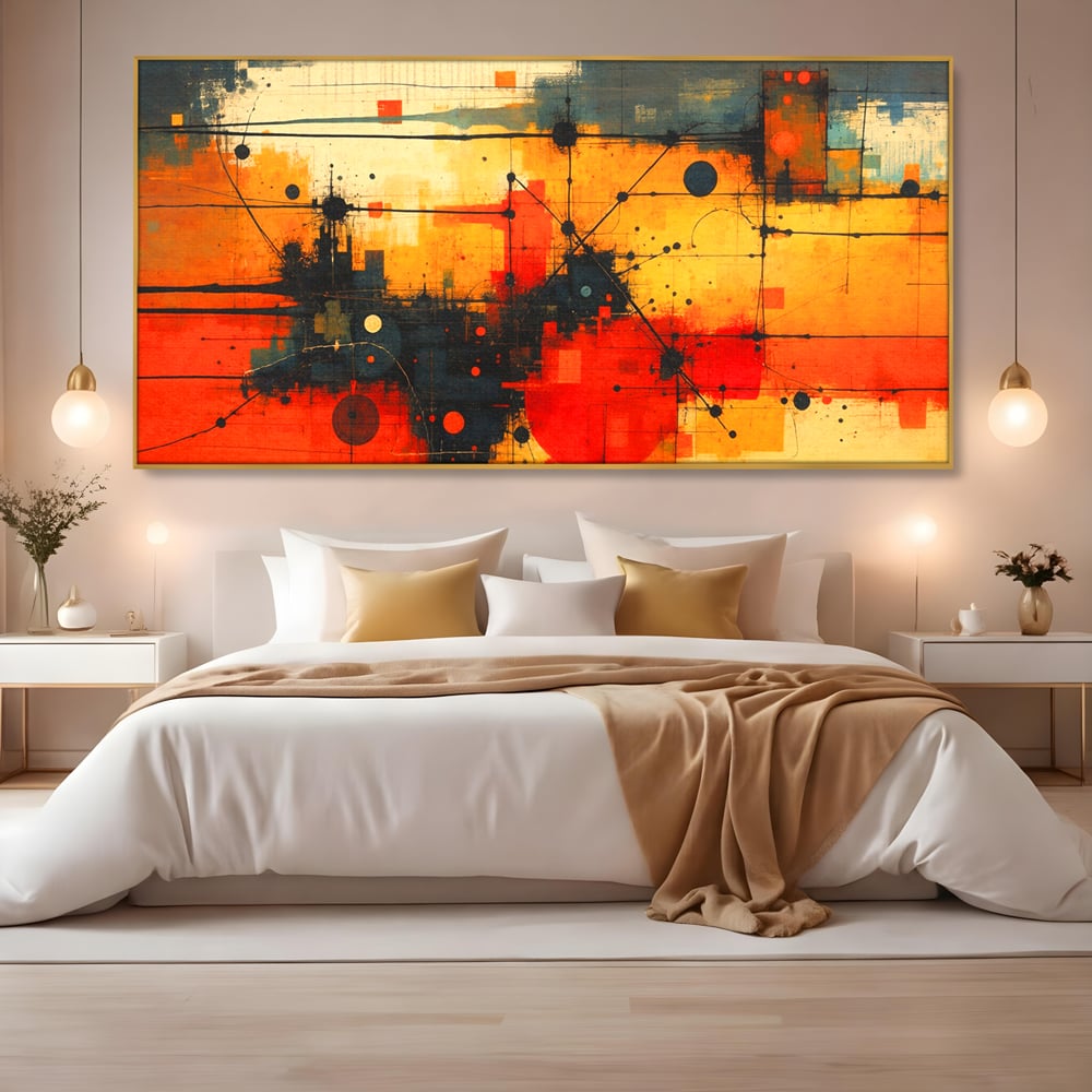 Tablou Canvas Premium, LuxCanva® C1313, Reteaua Focului, Culori, Abstract, Dinamism, Modern, Portocaliu, Rosu, Negru, Conectare, Retea, Structura, Arhitectural, Tehnologic, Birou, Living, Dormitor
