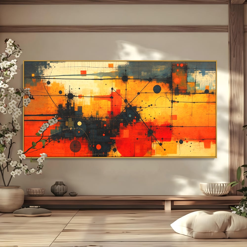 Tablou Canvas Premium, LuxCanva® C1313, Reteaua Focului, Culori, Abstract, Dinamism, Modern, Portocaliu, Rosu, Negru, Conectare, Retea, Structura, Arhitectural, Tehnologic, Birou, Living, Dormitor