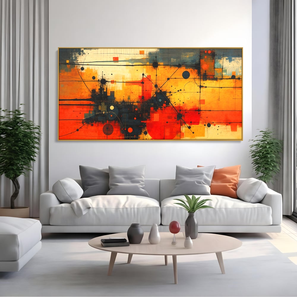 Tablou Canvas Premium, LuxCanva® C1313, Reteaua Focului, Culori, Abstract, Dinamism, Modern, Portocaliu, Rosu, Negru, Conectare, Retea, Structura, Arhitectural, Tehnologic, Birou, Living, Dormitor