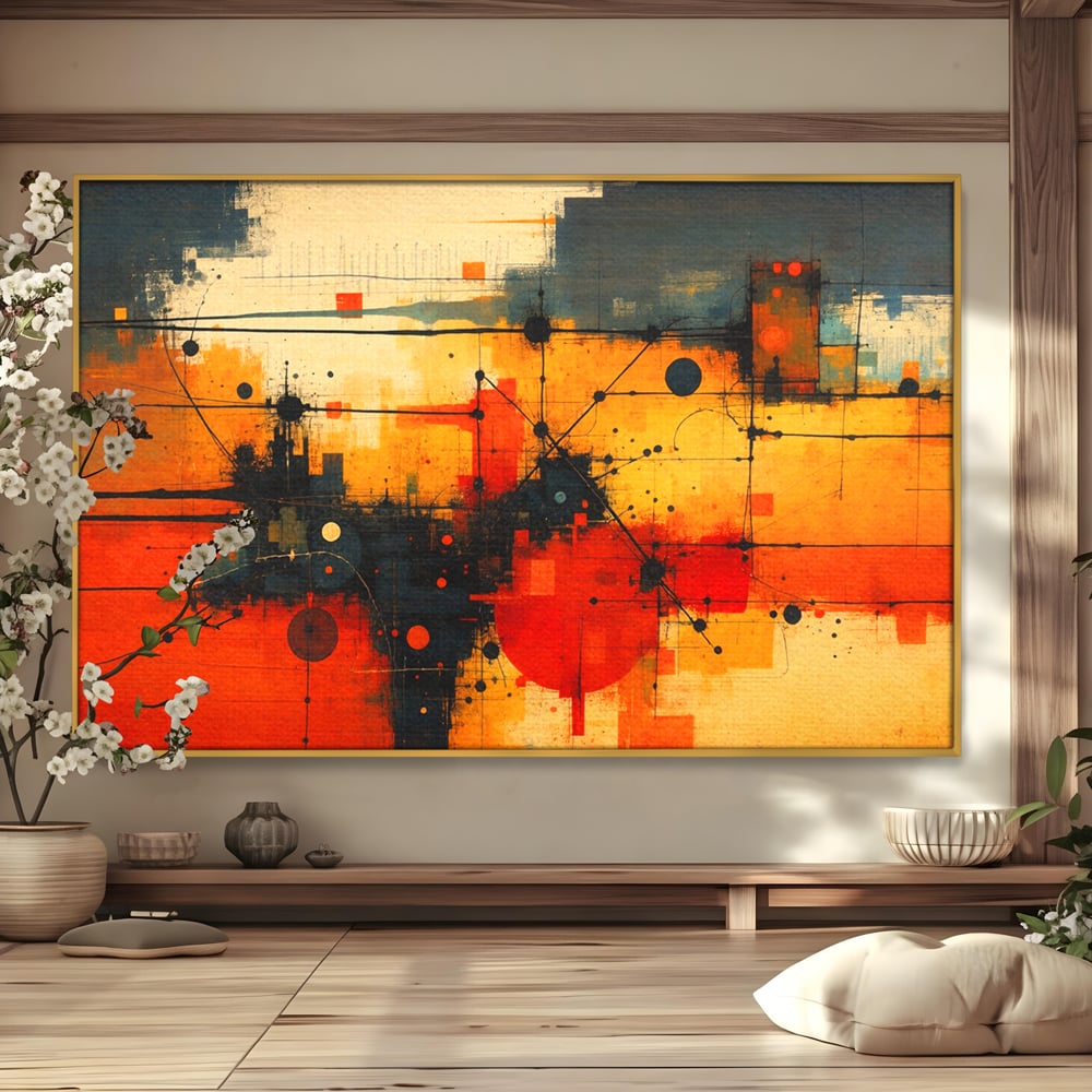Tablou Canvas Premium, LuxCanva® C1313, Reteaua Focului, Culori, Abstract, Dinamism, Modern, Portocaliu, Rosu, Negru, Conectare, Retea, Structura, Arhitectural, Tehnologic, Birou, Living, Dormitor