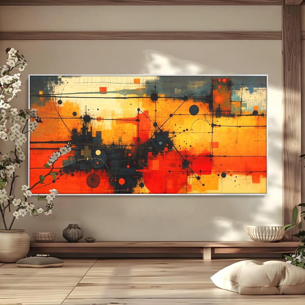 Tablou Canvas Premium, LuxCanva® C1313, Reteaua Focului, Culori, Abstract, Dinamism, Modern, Portocaliu, Rosu, Negru, Conectare, Retea, Structura, Arhitectural, Tehnologic, Birou, Living, Dormitor
