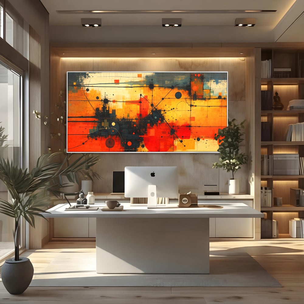 Tablou Canvas Premium, LuxCanva® C1313, Reteaua Focului, Culori, Abstract, Dinamism, Modern, Portocaliu, Rosu, Negru, Conectare, Retea, Structura, Arhitectural, Tehnologic, Birou, Living, Dormitor