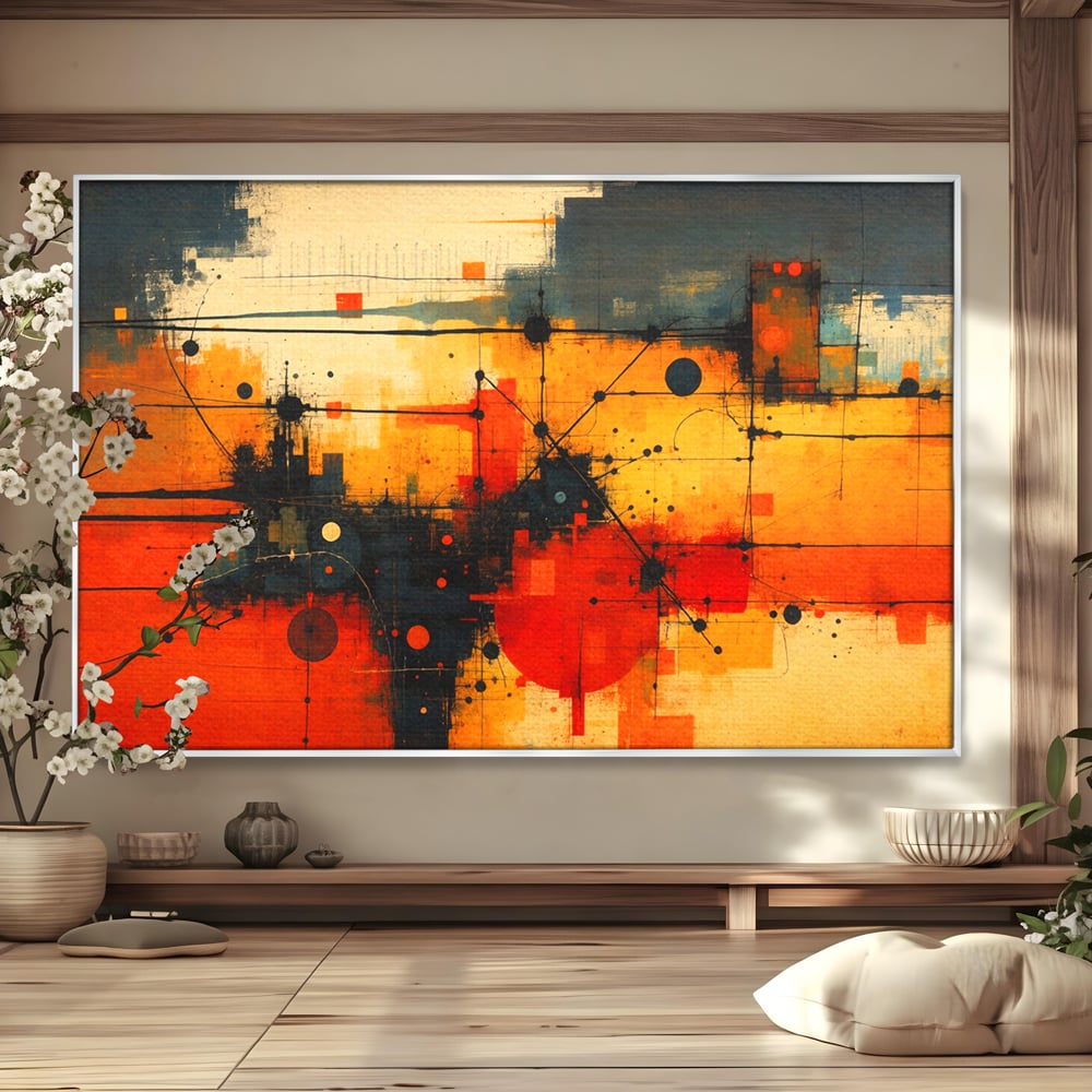 Tablou Canvas Premium, LuxCanva® C1313, Reteaua Focului, Culori, Abstract, Dinamism, Modern, Portocaliu, Rosu, Negru, Conectare, Retea, Structura, Arhitectural, Tehnologic, Birou, Living, Dormitor