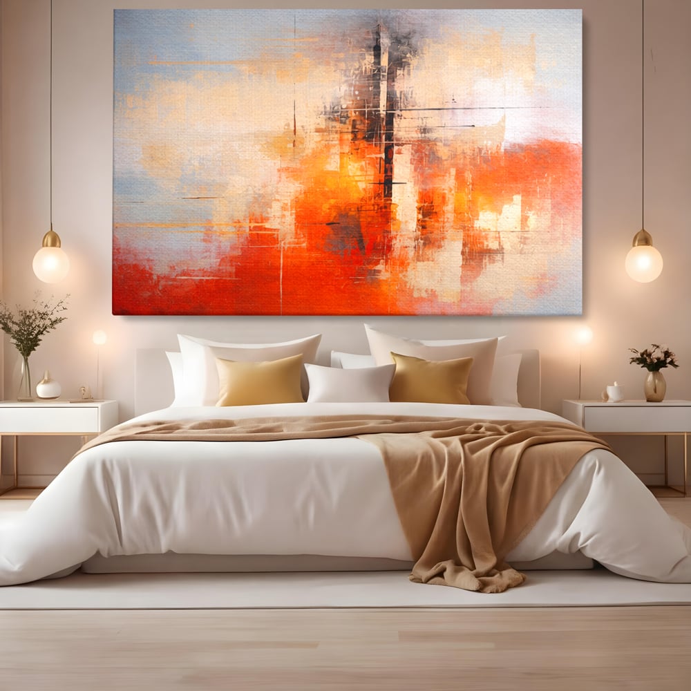 Tablou Canvas Premium, LuxCanva® C1314, Intre Cer si Beton, Culori, Abstract, Dinamism, Modern, Portocaliu, Rosu, Gri, Conectare, Retea, Structura, Arhitectural, Ziduri, Birou, Living, Dormitor