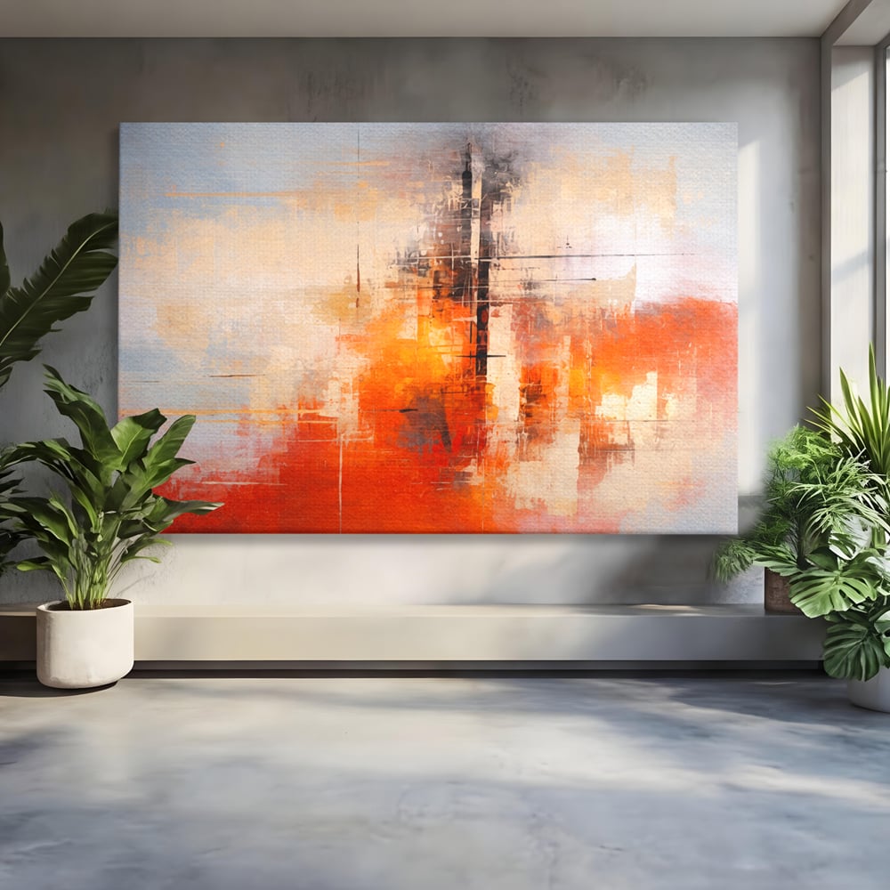 Tablou Canvas Premium, LuxCanva® C1314, Intre Cer si Beton, Culori, Abstract, Dinamism, Modern, Portocaliu, Rosu, Gri, Conectare, Retea, Structura, Arhitectural, Ziduri, Birou, Living, Dormitor