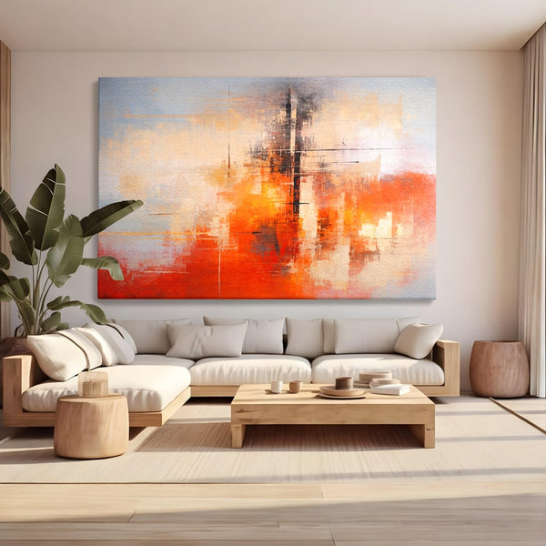 Tablou Canvas Premium, LuxCanva® C1314, Intre Cer si Beton, Culori, Abstract, Dinamism, Modern, Portocaliu, Rosu, Gri, Conectare, Retea, Structura, Arhitectural, Ziduri, Birou, Living, Dormitor