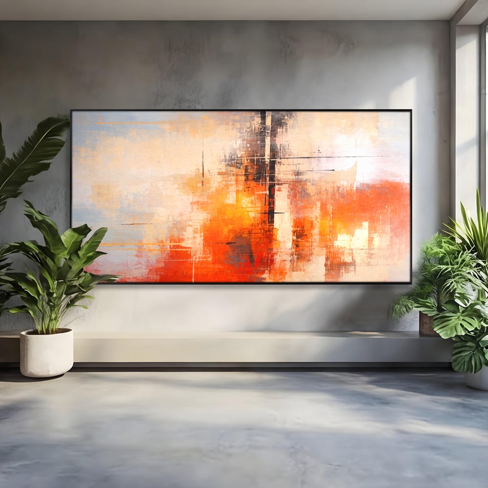 Tablou Canvas Premium, LuxCanva® C1314, Intre Cer si Beton, Culori, Abstract, Dinamism, Modern, Portocaliu, Rosu, Gri, Conectare, Retea, Structura, Arhitectural, Ziduri, Birou, Living, Dormitor