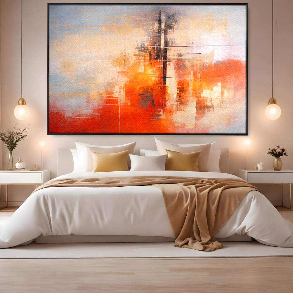 Tablou Canvas Premium, LuxCanva® C1314, Intre Cer si Beton, Culori, Abstract, Dinamism, Modern, Portocaliu, Rosu, Gri, Conectare, Retea, Structura, Arhitectural, Ziduri, Birou, Living, Dormitor