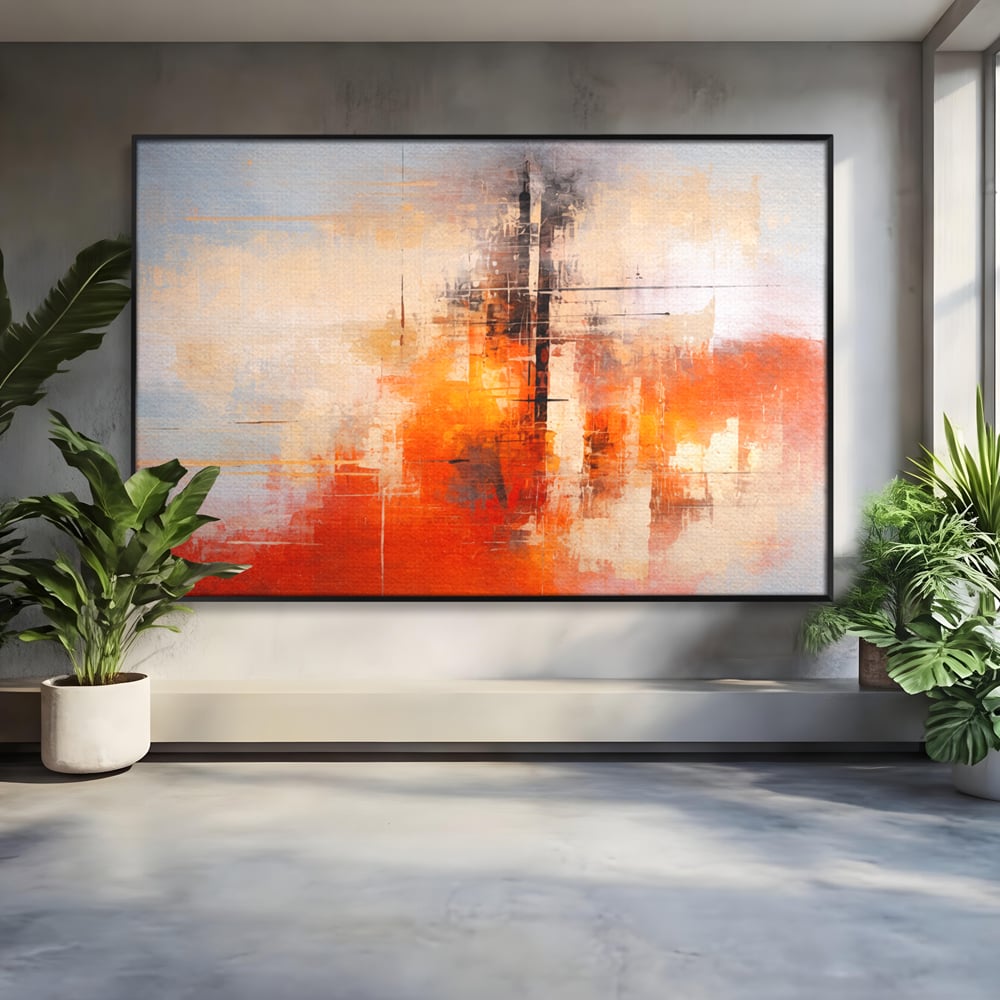 Tablou Canvas Premium, LuxCanva® C1314, Intre Cer si Beton, Culori, Abstract, Dinamism, Modern, Portocaliu, Rosu, Gri, Conectare, Retea, Structura, Arhitectural, Ziduri, Birou, Living, Dormitor
