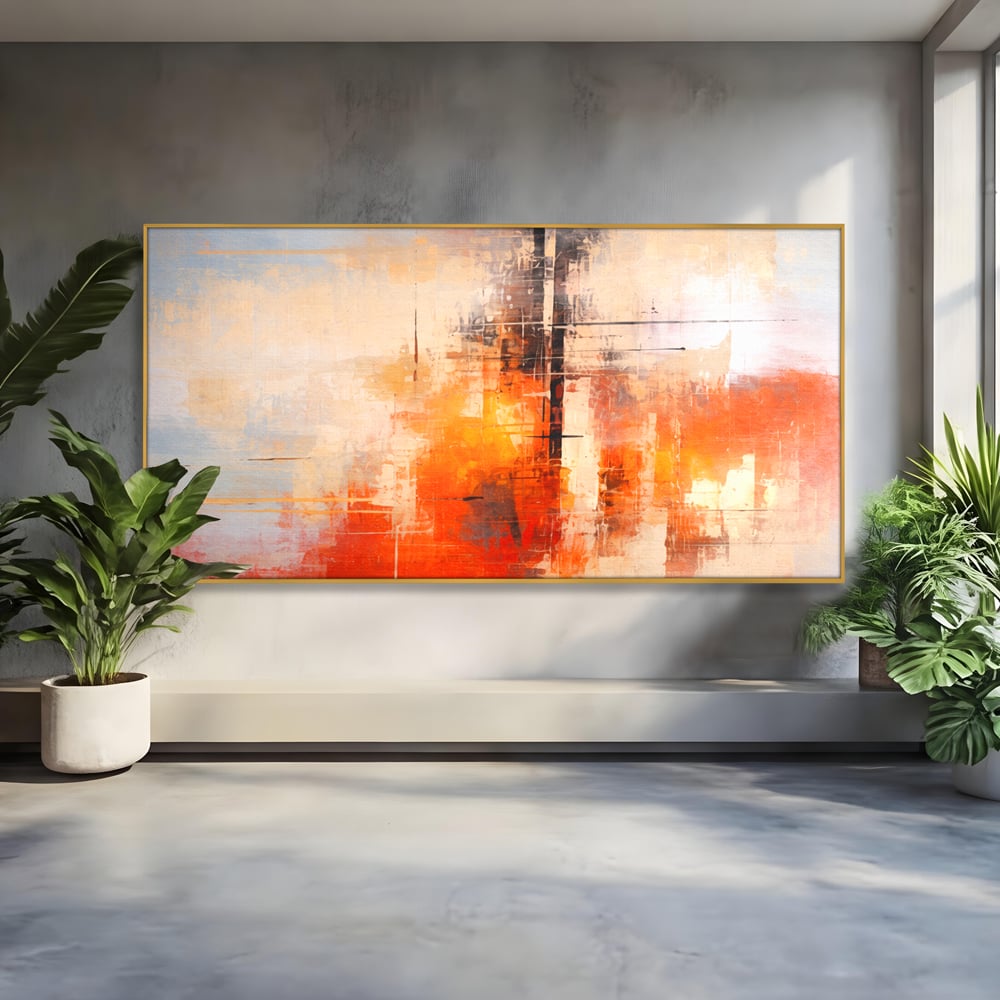 Tablou Canvas Premium, LuxCanva® C1314, Intre Cer si Beton, Culori, Abstract, Dinamism, Modern, Portocaliu, Rosu, Gri, Conectare, Retea, Structura, Arhitectural, Ziduri, Birou, Living, Dormitor