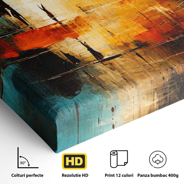 Tablou Canvas Premium, LuxCanva® C1315, Ardere Lenta, Culori, Abstract, Dinamism, Modern, Portocaliu, Rosu, Albastru, Mare, Vapoare, Fereastra, Cer, Arhitectural, Ziduri, Birou, Living, Dormitor