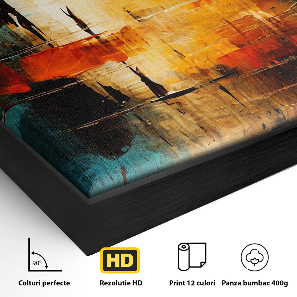 Tablou Canvas Premium, LuxCanva® C1315, Ardere Lenta, Culori, Abstract, Dinamism, Modern, Portocaliu, Rosu, Albastru, Mare, Vapoare, Fereastra, Cer, Arhitectural, Ziduri, Birou, Living, Dormitor