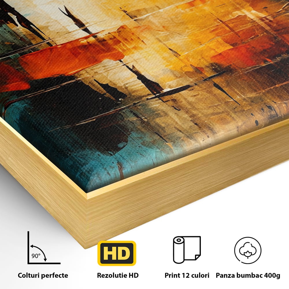 Tablou Canvas Premium, LuxCanva® C1315, Ardere Lenta, Culori, Abstract, Dinamism, Modern, Portocaliu, Rosu, Albastru, Mare, Vapoare, Fereastra, Cer, Arhitectural, Ziduri, Birou, Living, Dormitor