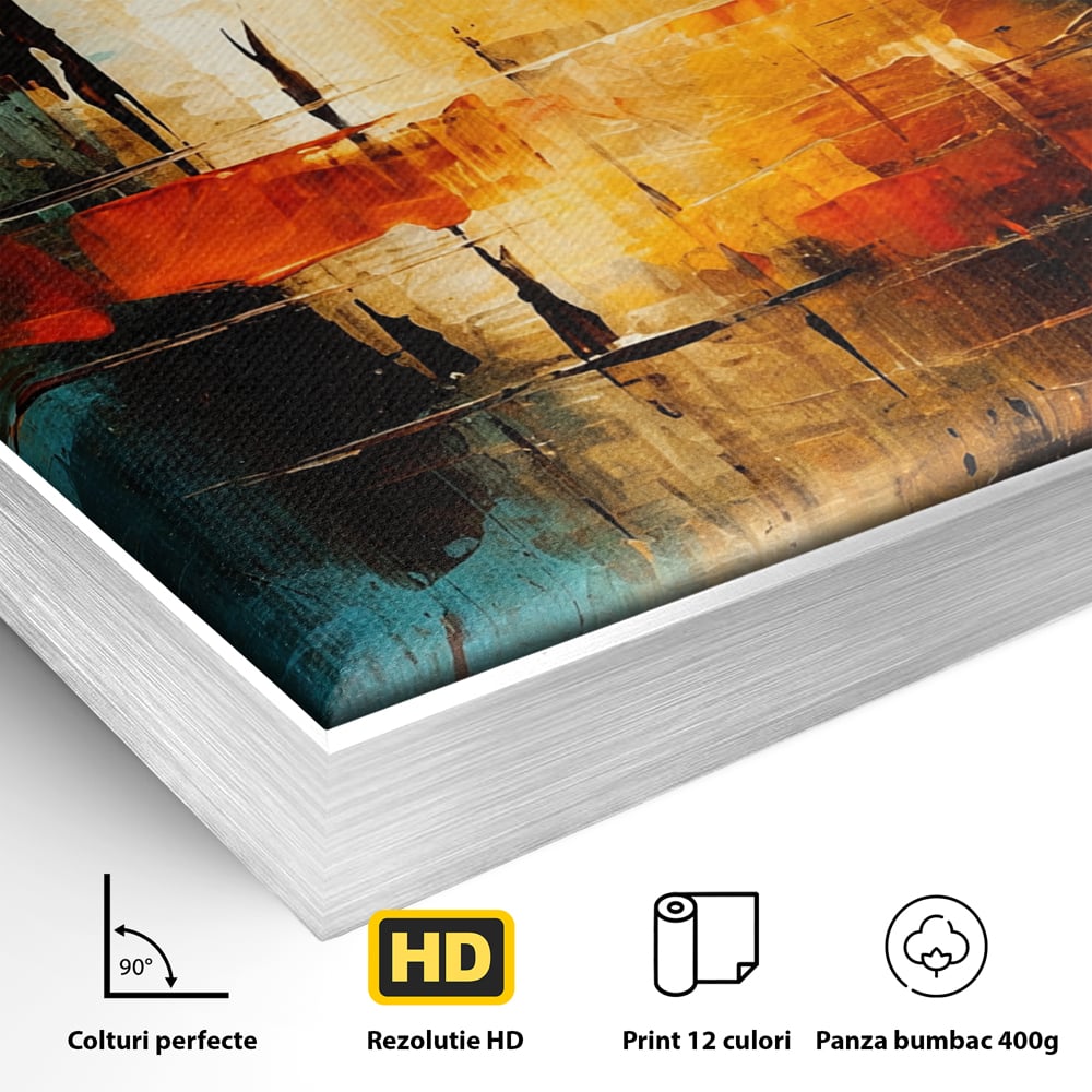 Tablou Canvas Premium, LuxCanva® C1315, Ardere Lenta, Culori, Abstract, Dinamism, Modern, Portocaliu, Rosu, Albastru, Mare, Vapoare, Fereastra, Cer, Arhitectural, Ziduri, Birou, Living, Dormitor