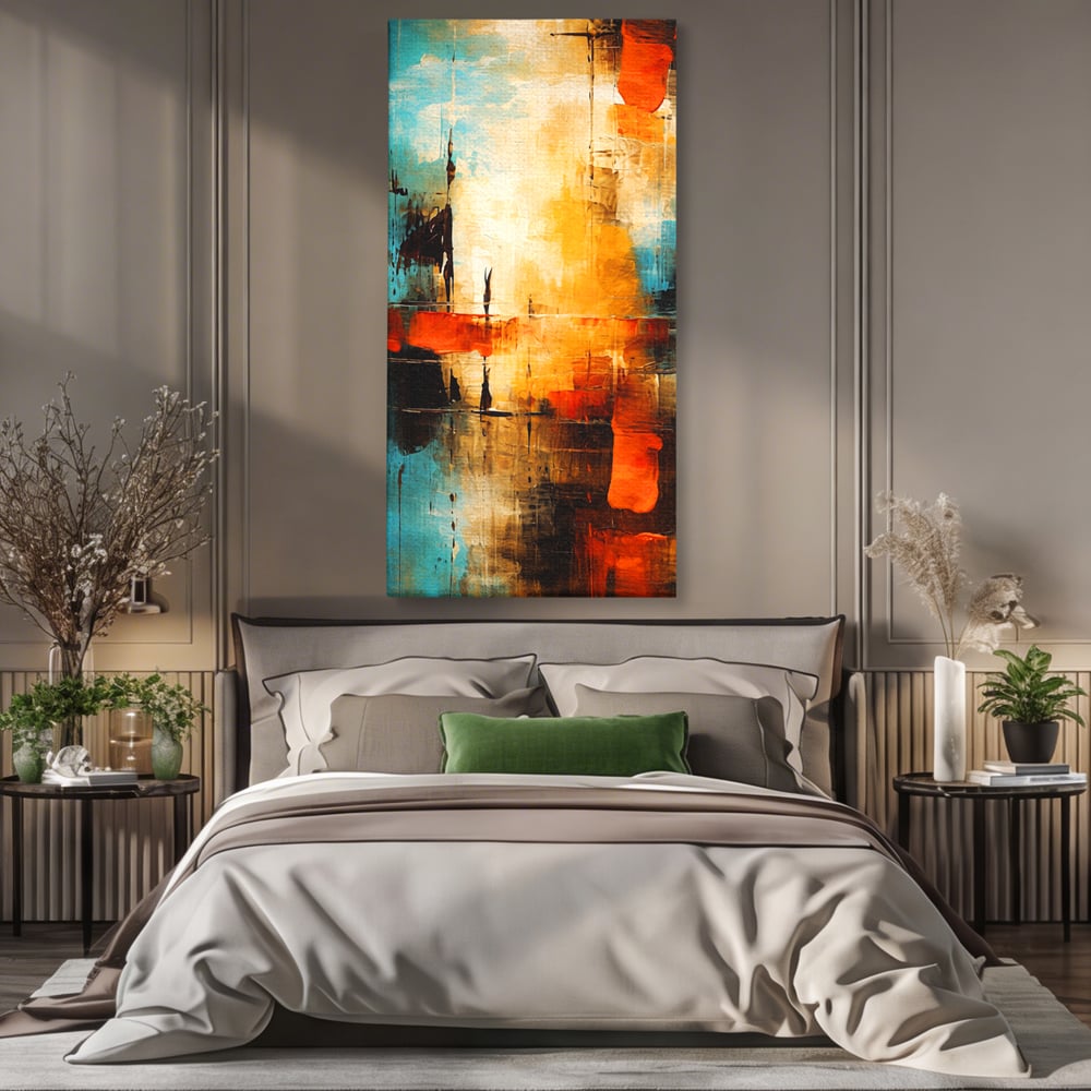 Tablou Canvas Premium, LuxCanva® C1315, Ardere Lenta, Culori, Abstract, Dinamism, Modern, Portocaliu, Rosu, Albastru, Mare, Vapoare, Fereastra, Cer, Arhitectural, Ziduri, Birou, Living, Dormitor