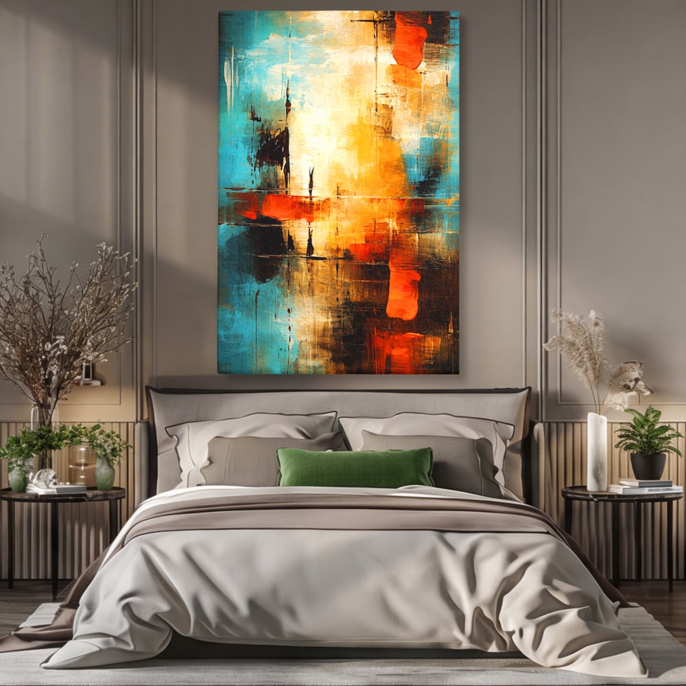 Tablou Canvas Premium, LuxCanva® C1315, Ardere Lenta, Culori, Abstract, Dinamism, Modern, Portocaliu, Rosu, Albastru, Mare, Vapoare, Fereastra, Cer, Arhitectural, Ziduri, Birou, Living, Dormitor