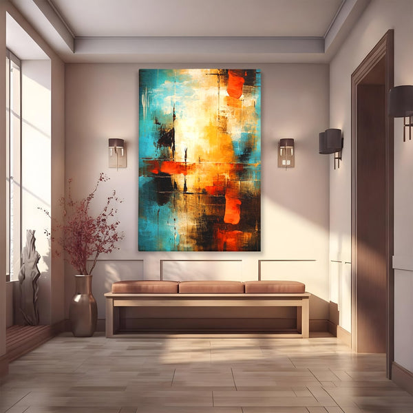 Tablou Canvas Premium, LuxCanva® C1315, Ardere Lenta, Culori, Abstract, Dinamism, Modern, Portocaliu, Rosu, Albastru, Mare, Vapoare, Fereastra, Cer, Arhitectural, Ziduri, Birou, Living, Dormitor