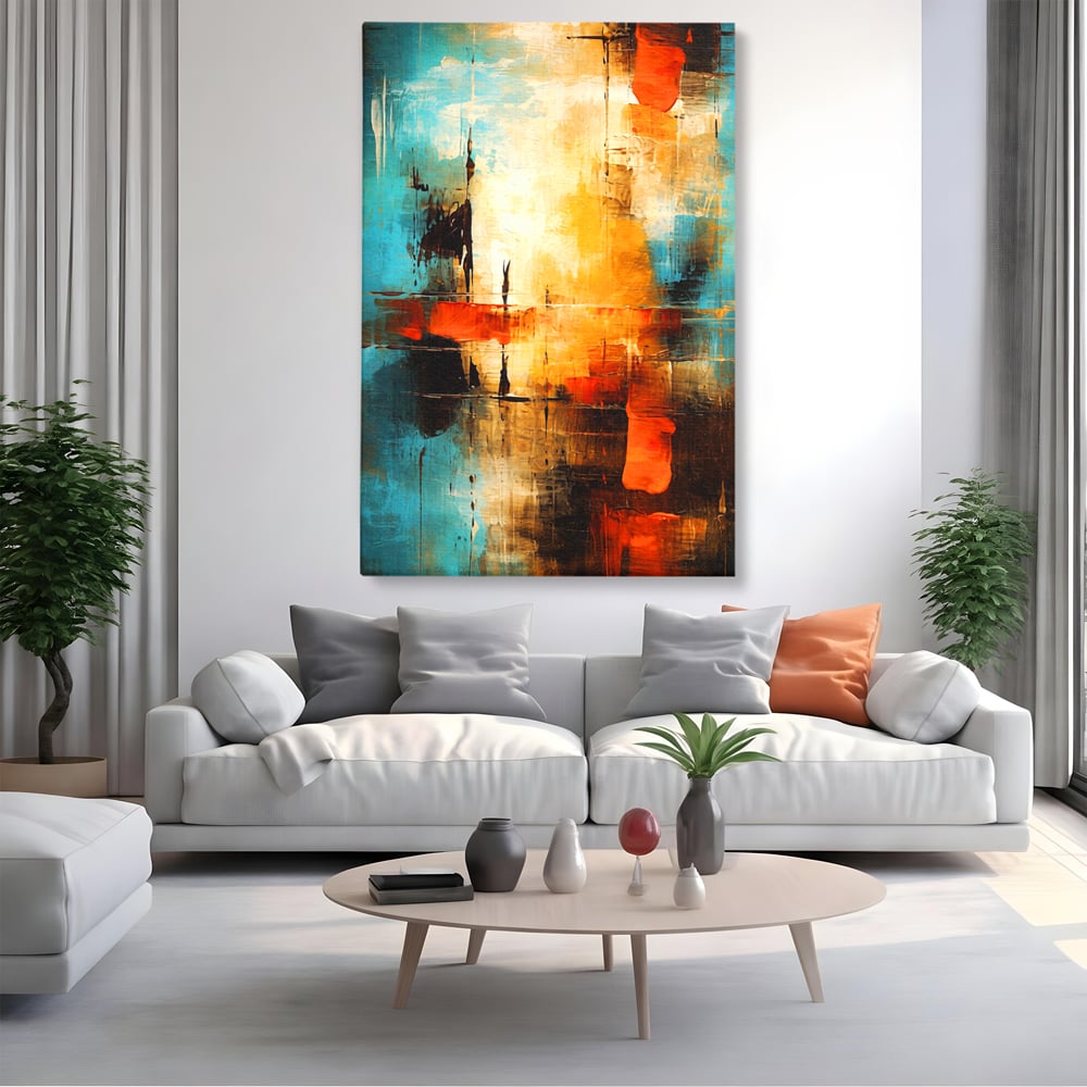 Tablou Canvas Premium, LuxCanva® C1315, Ardere Lenta, Culori, Abstract, Dinamism, Modern, Portocaliu, Rosu, Albastru, Mare, Vapoare, Fereastra, Cer, Arhitectural, Ziduri, Birou, Living, Dormitor