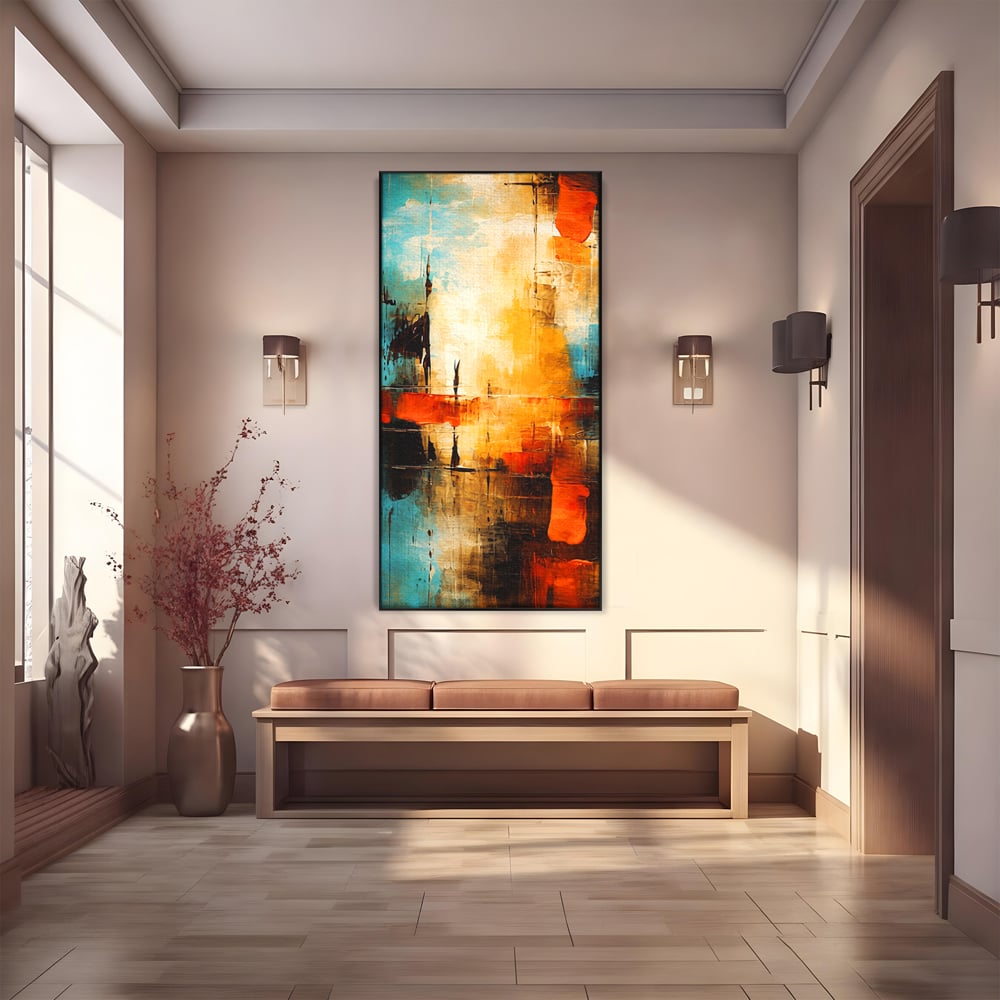 Tablou Canvas Premium, LuxCanva® C1315, Ardere Lenta, Culori, Abstract, Dinamism, Modern, Portocaliu, Rosu, Albastru, Mare, Vapoare, Fereastra, Cer, Arhitectural, Ziduri, Birou, Living, Dormitor