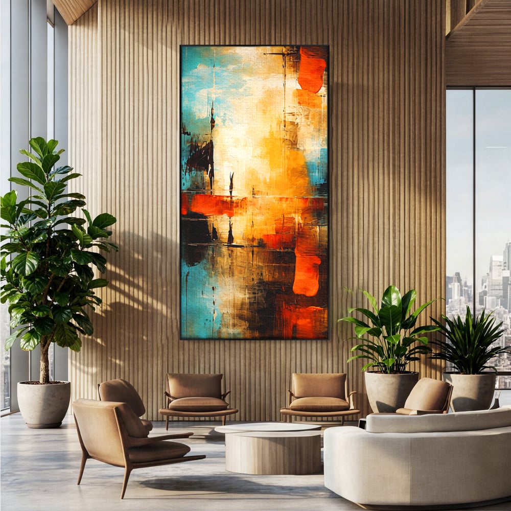 Tablou Canvas Premium, LuxCanva® C1315, Ardere Lenta, Culori, Abstract, Dinamism, Modern, Portocaliu, Rosu, Albastru, Mare, Vapoare, Fereastra, Cer, Arhitectural, Ziduri, Birou, Living, Dormitor