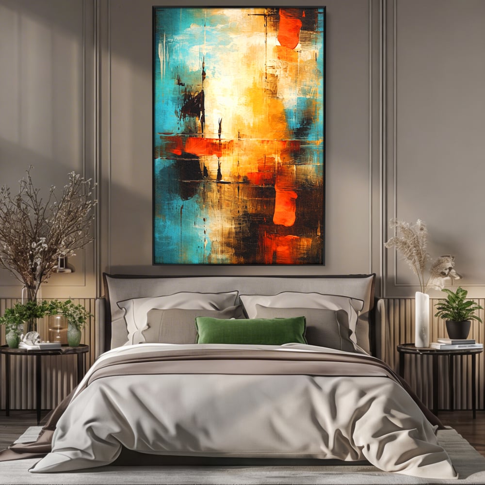 Tablou Canvas Premium, LuxCanva® C1315, Ardere Lenta, Culori, Abstract, Dinamism, Modern, Portocaliu, Rosu, Albastru, Mare, Vapoare, Fereastra, Cer, Arhitectural, Ziduri, Birou, Living, Dormitor