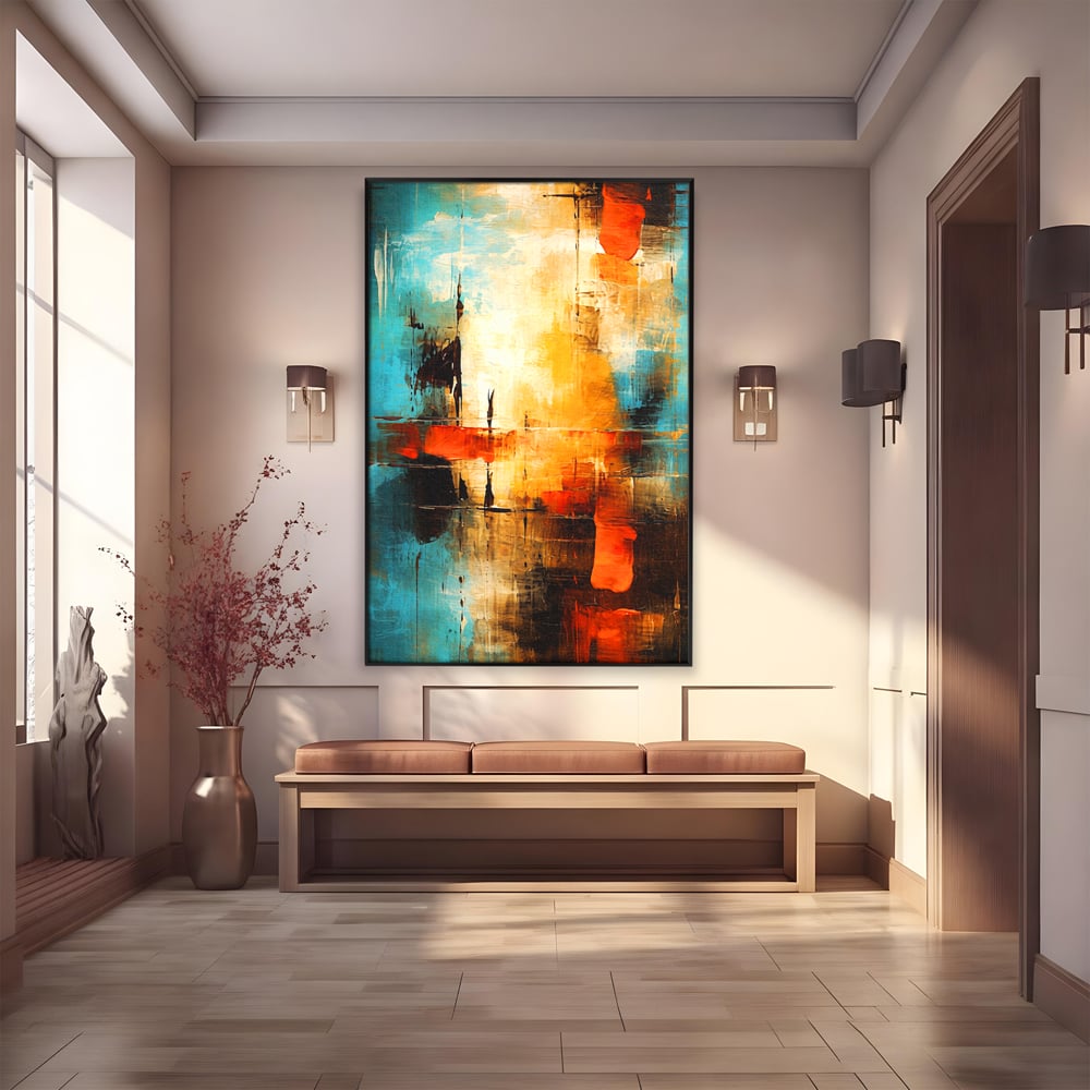 Tablou Canvas Premium, LuxCanva® C1315, Ardere Lenta, Culori, Abstract, Dinamism, Modern, Portocaliu, Rosu, Albastru, Mare, Vapoare, Fereastra, Cer, Arhitectural, Ziduri, Birou, Living, Dormitor