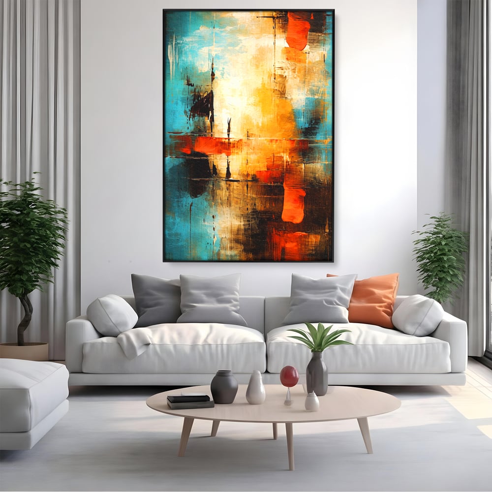 Tablou Canvas Premium, LuxCanva® C1315, Ardere Lenta, Culori, Abstract, Dinamism, Modern, Portocaliu, Rosu, Albastru, Mare, Vapoare, Fereastra, Cer, Arhitectural, Ziduri, Birou, Living, Dormitor