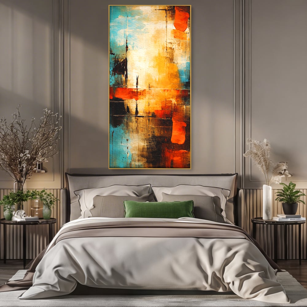 Tablou Canvas Premium, LuxCanva® C1315, Ardere Lenta, Culori, Abstract, Dinamism, Modern, Portocaliu, Rosu, Albastru, Mare, Vapoare, Fereastra, Cer, Arhitectural, Ziduri, Birou, Living, Dormitor